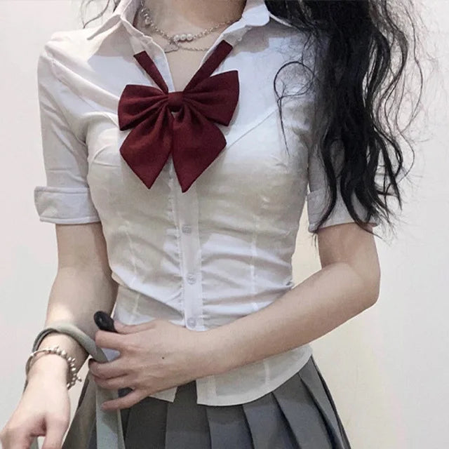 LVSANW Korean Fashion 2024 New Spring/Summer Sexy Girl Short Sleeve Preppy Style Slim JK Bandage Shirt Women's Bow Tie Neck Blouse Top