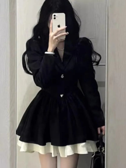 LVSANW Korean Fashion Black Suit Dress Women Long Sleeve Lapel Autumn Spring Y2K Kawaii Birthday Party A-line Princess Vestidos Mujer