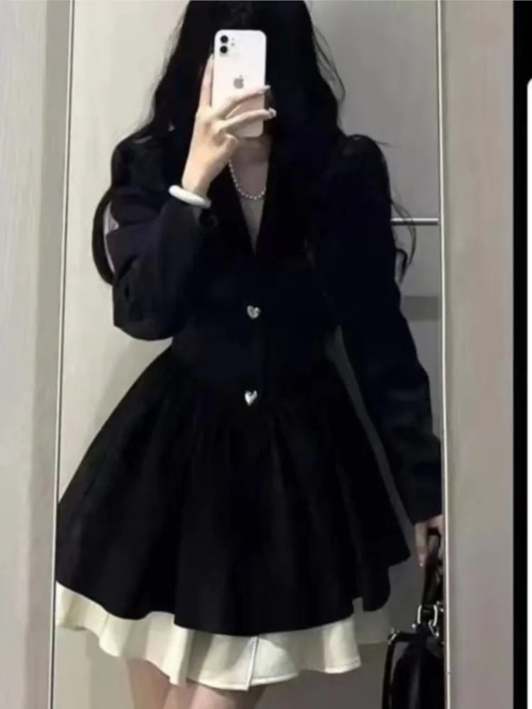 LVSANW Korean Fashion Black Suit Dress Women Long Sleeve Lapel Autumn Spring Y2K Kawaii Birthday Party A-line Princess Vestidos Mujer