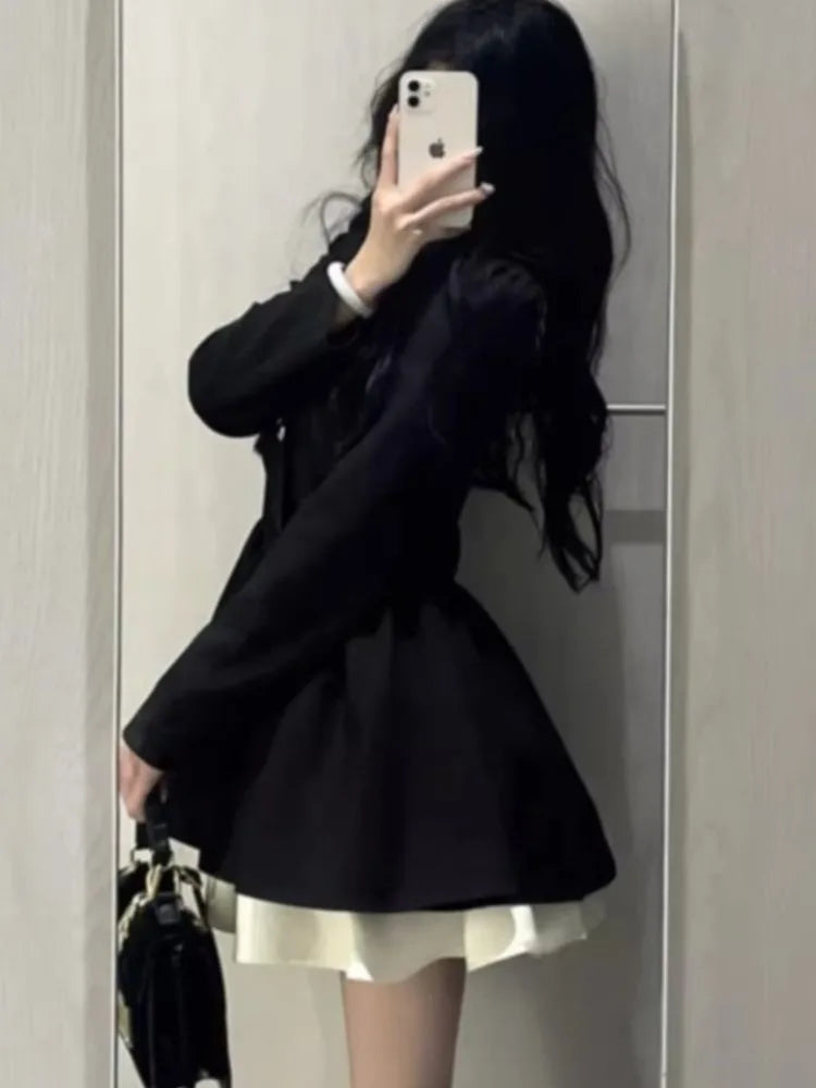 LVSANW Korean Fashion Black Suit Dress Women Long Sleeve Lapel Autumn Spring Y2K Kawaii Birthday Party A-line Princess Vestidos Mujer