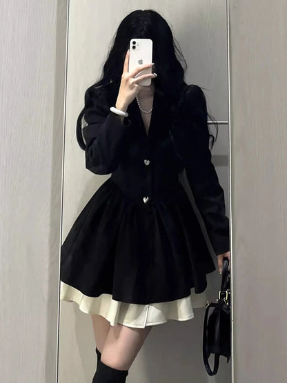 LVSANW Korean Fashion Black Suit Dress Women Long Sleeve Lapel Autumn Spring Y2K Kawaii Birthday Party A-line Princess Vestidos Mujer