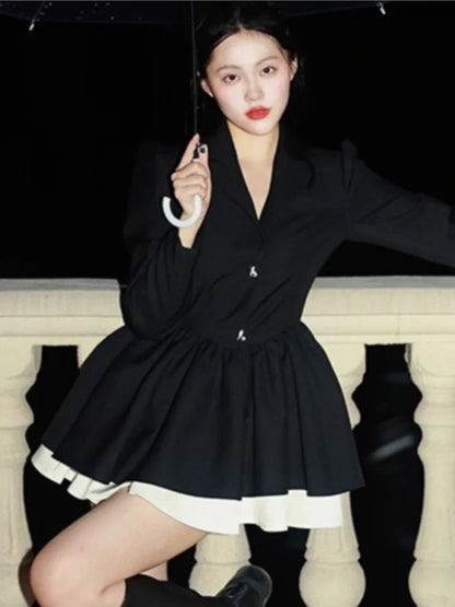 LVSANW Korean Fashion Black Suit Dress Women Long Sleeve Lapel Autumn Spring Y2K Kawaii Birthday Party A-line Princess Vestidos Mujer