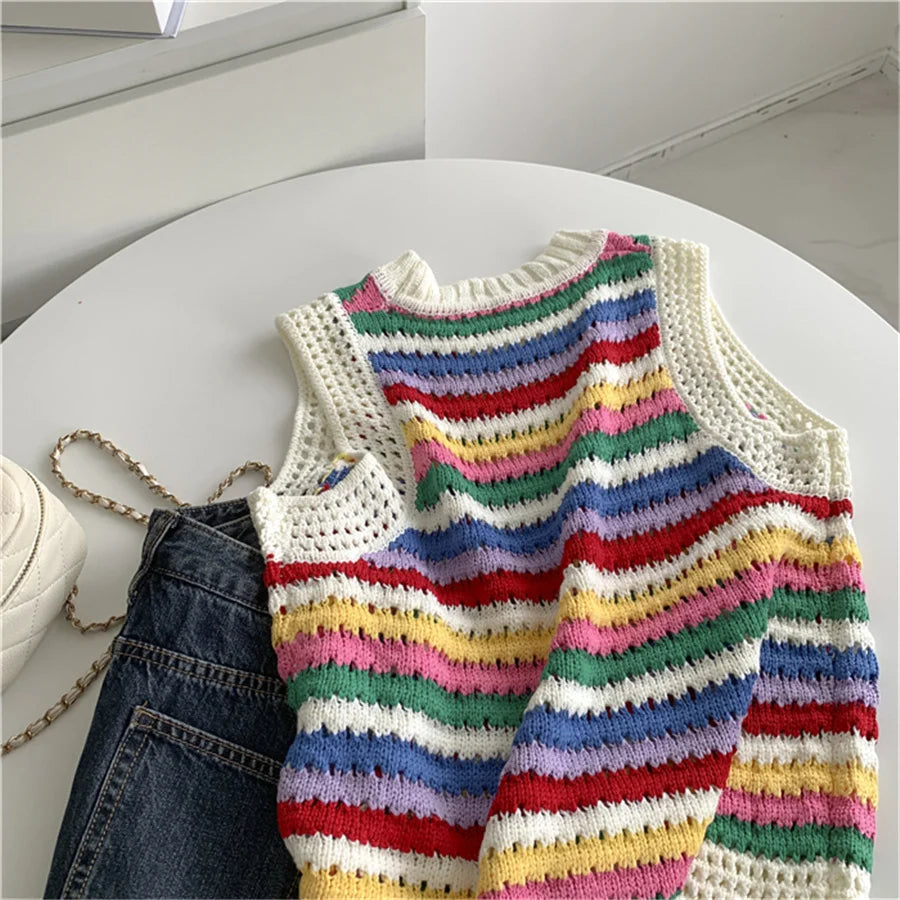 LVSANW Korean Fashion Crop Sweater Women Vest Striped Casual Sweater Vest O Neck Open Sweater Vest For Women Luxury Designer Tops Knit