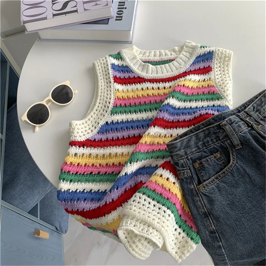 LVSANW Korean Fashion Crop Sweater Women Vest Striped Casual Sweater Vest O Neck Open Sweater Vest For Women Luxury Designer Tops Knit