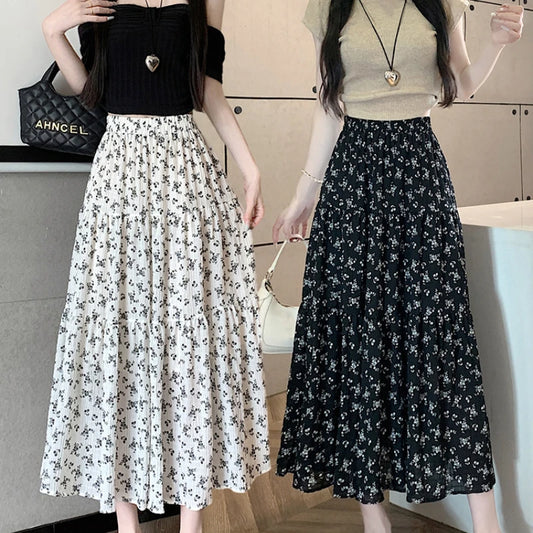 LVSANW Korean Fashion Floral Print Skirt Women 2024 Summer New Elegant Black Long Skirt Female A-line Drap Beach Holdiay Faldas Mujer