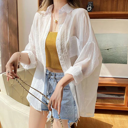 LVSANW Korean Fashion Long Sleeve Chiffon Shirt Women 2024 Loose Turn Down Collar Sun Protection Shirts Woma Thin Summer Coat Female