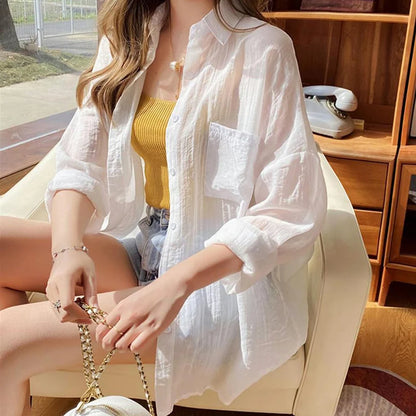 LVSANW Korean Fashion Long Sleeve Chiffon Shirt Women 2024 Loose Turn Down Collar Sun Protection Shirts Woma Thin Summer Coat Female