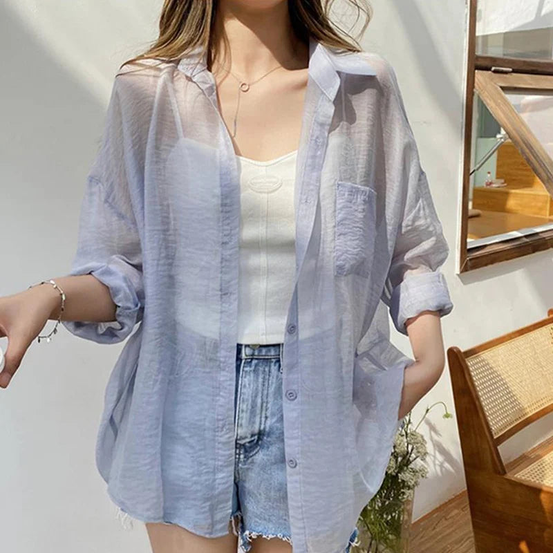 LVSANW Korean Fashion Long Sleeve Chiffon Shirt Women 2024 Loose Turn Down Collar Sun Protection Shirts Woma Thin Summer Coat Female