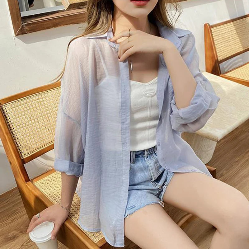 LVSANW Korean Fashion Long Sleeve Chiffon Shirt Women 2024 Loose Turn Down Collar Sun Protection Shirts Woma Thin Summer Coat Female