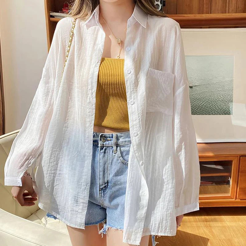 LVSANW Korean Fashion Long Sleeve Chiffon Shirt Women 2024 Loose Turn Down Collar Sun Protection Shirts Woma Thin Summer Coat Female