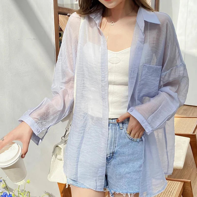 LVSANW Korean Fashion Long Sleeve Chiffon Shirt Women 2024 Loose Turn Down Collar Sun Protection Shirts Woma Thin Summer Coat Female