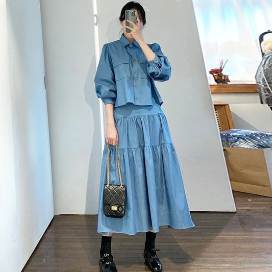 LVSANW Korean Fashion Matching Sets Turn Down Collar Puff Sleeve Button Blouses High Waist Stitching Long Skirts Solid Color Women Set