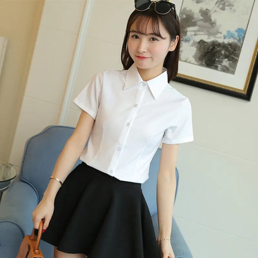 LVSANW Korean Fashion White Shirt Women Autumn Short Sleeve Blouse Slim Office Lady Tops Women's Shirt S-5XL Student Shirt Women's Wear