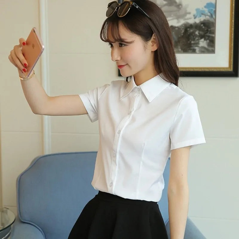 LVSANW Korean Fashion White Shirt Women Autumn Short Sleeve Blouse Slim Office Lady Tops Women's Shirt S-5XL Student Shirt Women's Wear