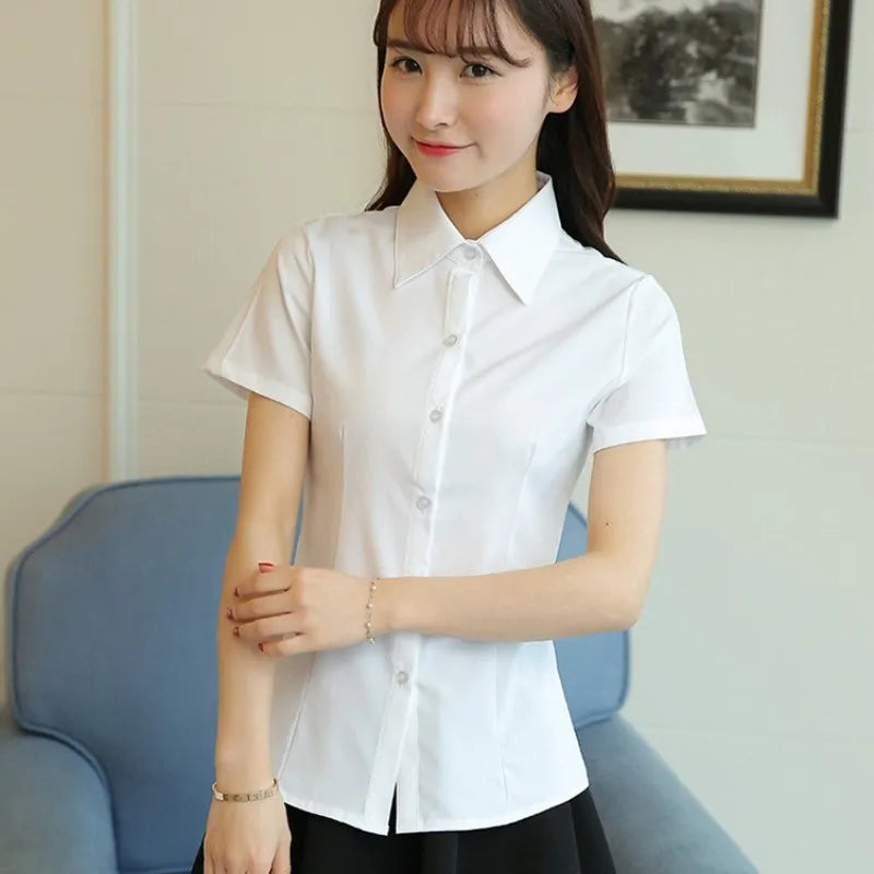 LVSANW Korean Fashion White Shirt Women Autumn Short Sleeve Blouse Slim Office Lady Tops Women's Shirt S-5XL Student Shirt Women's Wear