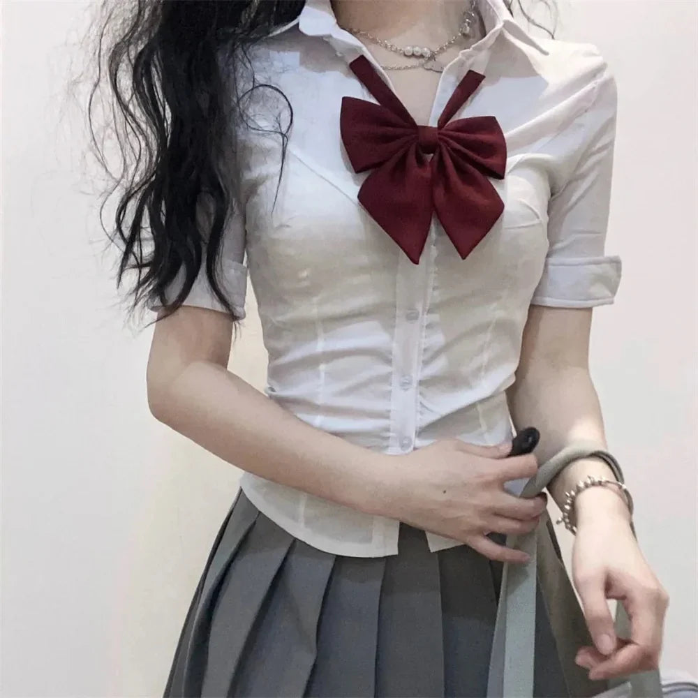 LVSANW Korean Japan Fashion Short Sleeve Girl Shirt Women New Spring/Summer College Slim Bowtie Bandage Blouse JK Top School Uniform