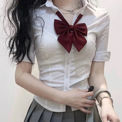 LVSANW Korean Japan Fashion Short Sleeve Girl Shirt Women New Spring/Summer College Slim Bowtie Bandage Blouse JK Top School Uniform