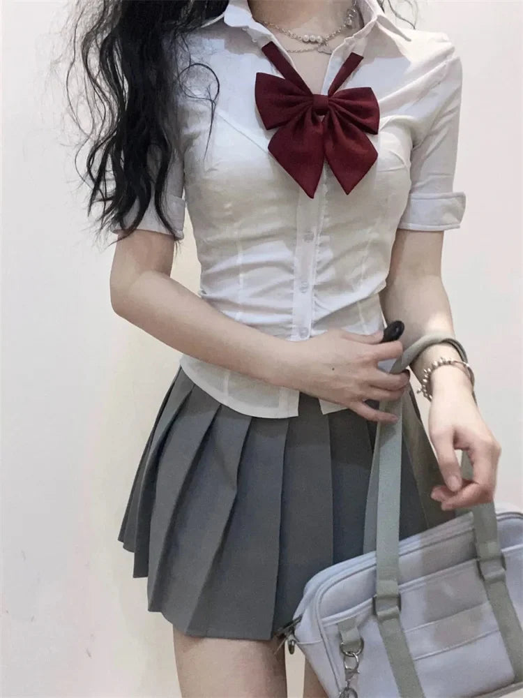 LVSANW Korean Japan Fashion Short Sleeve Girl Shirt Women New Spring/Summer College Slim Bowtie Bandage Blouse JK Top School Uniform