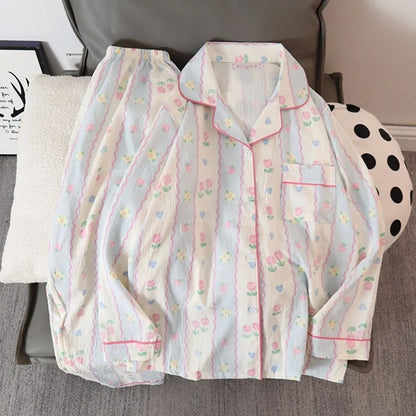 LVSANW Korean Kawaii Small Flower Print Women's Sleep & Lounge V-neck Casual All-matcch Homewear Pajamas Set Autumn New 2024 Sleepwear