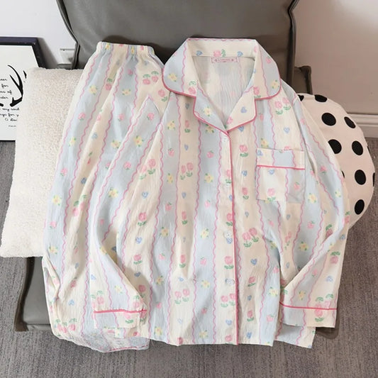 LVSANW Korean Kawaii Small Flower Print Women's Sleep & Lounge V-neck Casual All-matcch Homewear Pajamas Set Autumn New 2024 Sleepwear