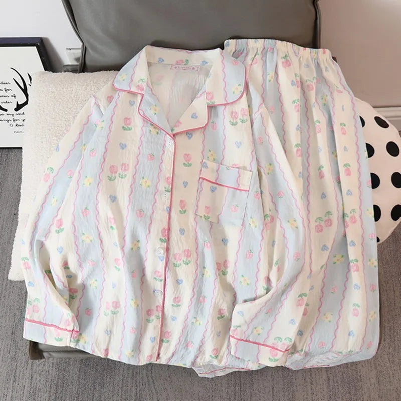 LVSANW Korean Kawaii Small Flower Print Women's Sleep & Lounge V-neck Casual All-matcch Homewear Pajamas Set Autumn New 2024 Sleepwear