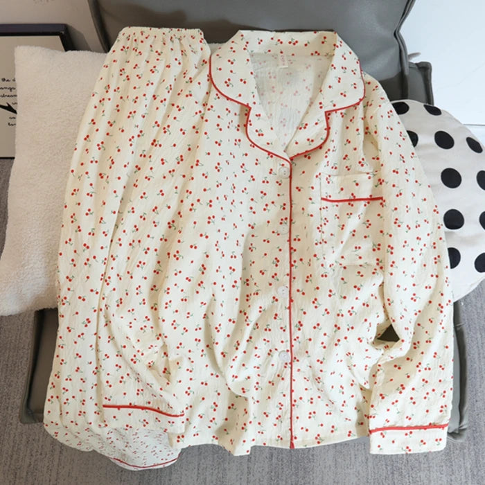 LVSANW Korean Kawaii Small Flower Print Women's Sleep & Lounge V-neck Casual All-matcch Homewear Pajamas Set Autumn New 2024 Sleepwear