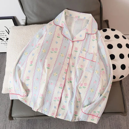 LVSANW Korean Kawaii Small Flower Print Women's Sleep & Lounge V-neck Casual All-matcch Homewear Pajamas Set Autumn New 2024 Sleepwear