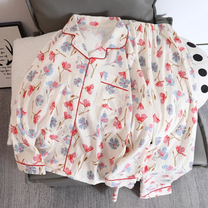 LVSANW Korean Kawaii Small Flower Print Women's Sleep & Lounge V-neck Casual All-matcch Homewear Pajamas Set Autumn New 2024 Sleepwear