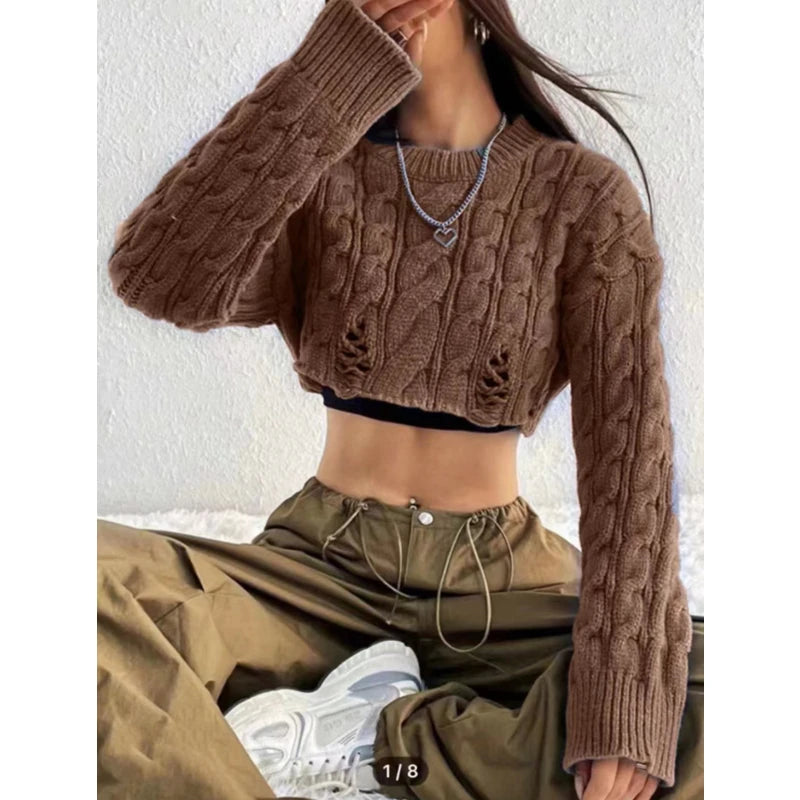 LVSANW Korean Knitted Sweater Women Round Neck High Waist Short Style Pullover Long Sleeve Top