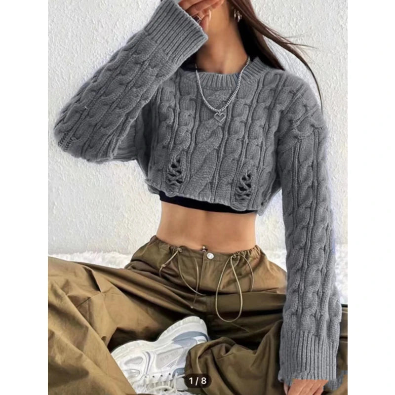 LVSANW Korean Knitted Sweater Women Round Neck High Waist Short Style Pullover Long Sleeve Top