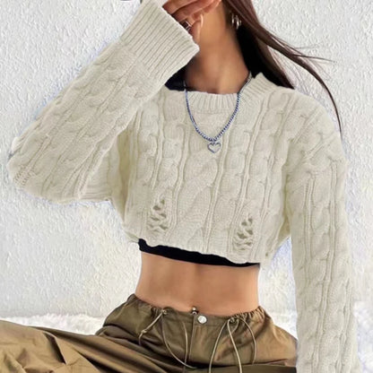 LVSANW Korean Knitted Sweater Women Round Neck High Waist Short Style Pullover Long Sleeve Top