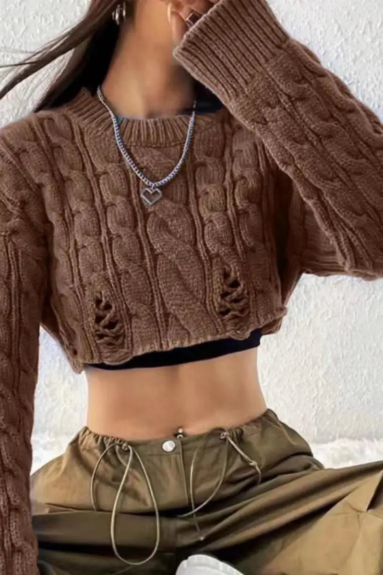 LVSANW Korean Knitted Sweater Women Round Neck High Waist Short Style Pullover Long Sleeve Top