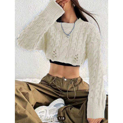 LVSANW Korean Knitted Sweater Women Round Neck High Waist Short Style Pullover Long Sleeve Top