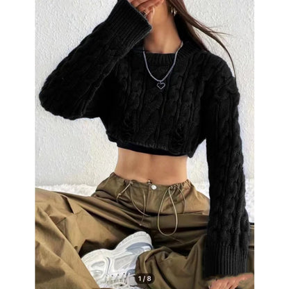 LVSANW Korean Knitted Sweater Women Round Neck High Waist Short Style Pullover Long Sleeve Top