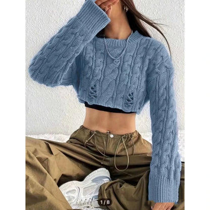 LVSANW Korean Knitted Sweater Women Round Neck High Waist Short Style Pullover Long Sleeve Top