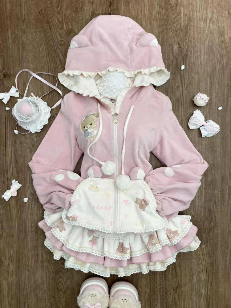 LVSANW Korean Pink College Style Sweet Two Piece Sets Women Hooded Bear Coat + Cake Skirt New Design Fashion Winter Cute Harajuku Suits