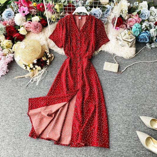 LVSANW Korean Red elegant sexy Dress women 2024 Summer Autumn V-neck polka dot midi dress waist split dress vestidos de fiesta clothes