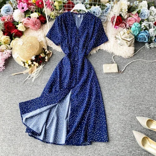 LVSANW Korean Red elegant sexy Dress women 2024 Summer Autumn V-neck polka dot midi dress waist split dress vestidos de fiesta clothes