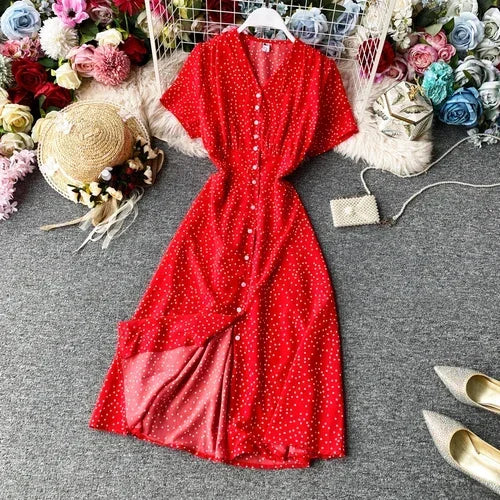 LVSANW Korean Red elegant sexy Dress women 2024 Summer Autumn V-neck polka dot midi dress waist split dress vestidos de fiesta clothes