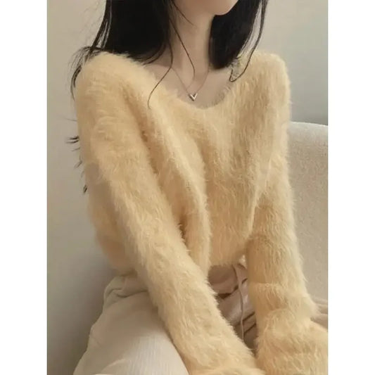 LVSANW Korean Style Gentle Elegant Plush Sweater Women's Autumn/winter New Long Sleeve Cropped Knitted Top Hooded Pullovers