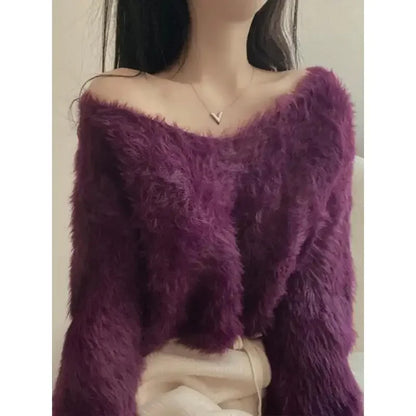 LVSANW Korean Style Gentle Elegant Plush Sweater Women's Autumn/winter New Long Sleeve Cropped Knitted Top Hooded Pullovers