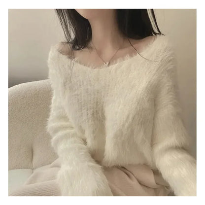 LVSANW Korean Style Gentle Elegant Plush Sweater Women's Autumn/winter New Long Sleeve Cropped Knitted Top Hooded Pullovers