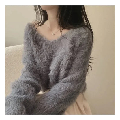 LVSANW Korean Style Gentle Elegant Plush Sweater Women's Autumn/winter New Long Sleeve Cropped Knitted Top Hooded Pullovers