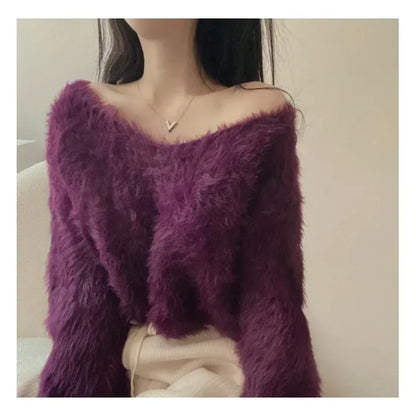 LVSANW Korean Style Gentle Elegant Plush Sweater Women's Autumn/winter New Long Sleeve Cropped Knitted Top Hooded Pullovers