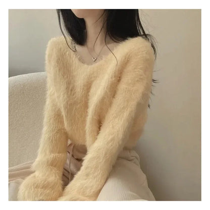 LVSANW Korean Style Gentle Elegant Plush Sweater Women's Autumn/winter New Long Sleeve Cropped Knitted Top Hooded Pullovers