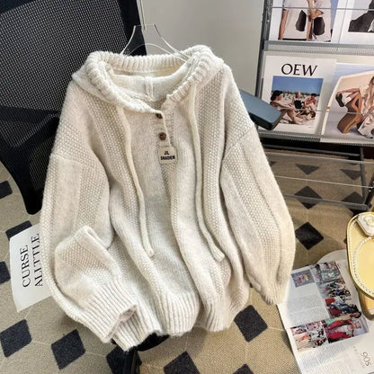 LVSANW Korean Style Loose Fit Hooded Sweater Women's Autumn/Winter 2025 New Soft And Supple Thickened Drawstring Knit Sweatshirt Top