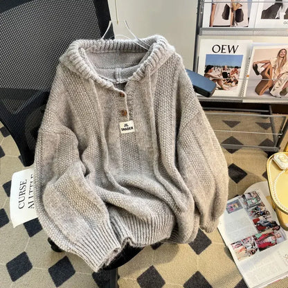 LVSANW Korean Style Loose Fit Hooded Sweater Women's Autumn/Winter 2025 New Soft And Supple Thickened Drawstring Knit Sweatshirt Top