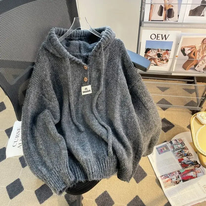 LVSANW Korean Style Loose Fit Hooded Sweater Women's Autumn/Winter 2025 New Soft And Supple Thickened Drawstring Knit Sweatshirt Top