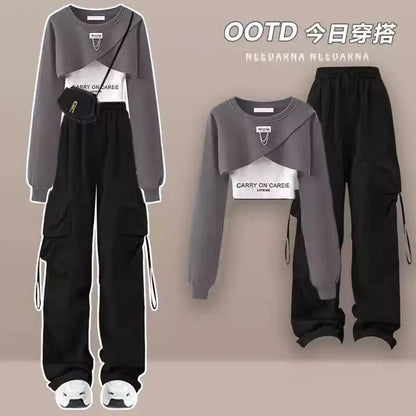 LVSANW Korean Style Patchwork Long Sleeved T-shirt Work Pants Wide Leg Pants Two-piece Casual Student Pants Set Autumn Outfits