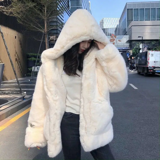 LVSANW Korean Thickened Mink Velvet Coat Women Winter Clothes New Jacket Version Loose Imitation Rabbit Fur Plush Hooded Fur Coat